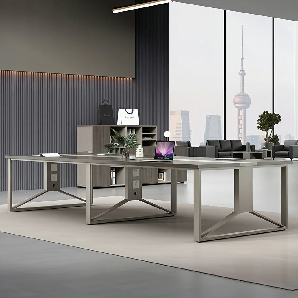 LUXORA 240cm Office Conference Table & 8 Chairs Set with Steel Frame & Cable Management for Meeting Rooms - Grey Wood Grain & Black