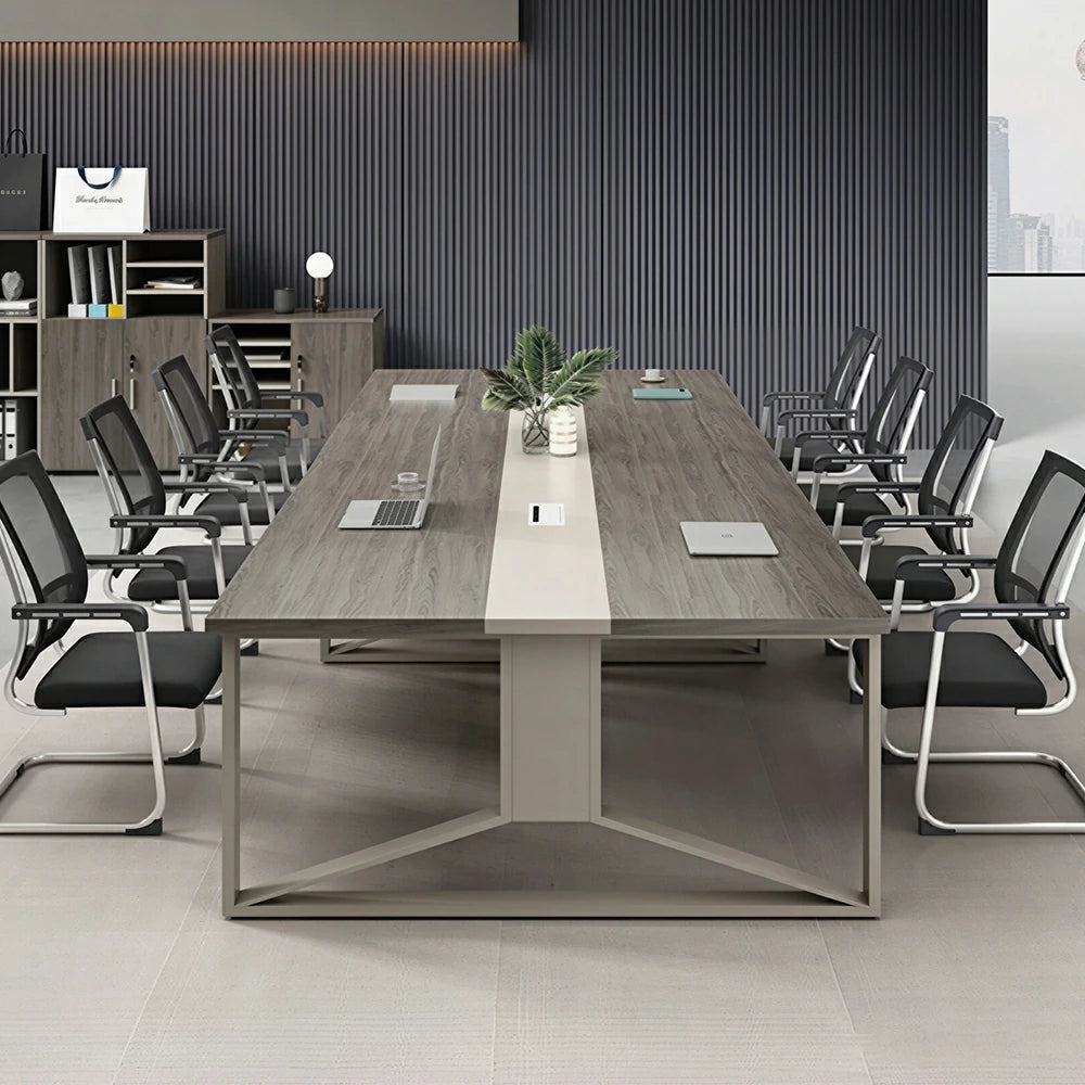 LUXORA 240cm Office Conference Table & 8 Chairs Set with Steel Frame & Cable Management for Meeting Rooms - Grey Wood Grain & Black