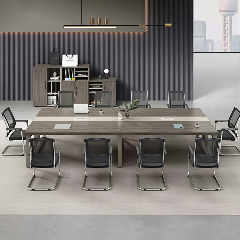 LUXORA 240cm Office Conference Table & 8 Chairs Set with Steel Frame & Cable Management for Meeting Rooms - Grey Wood Grain & Black