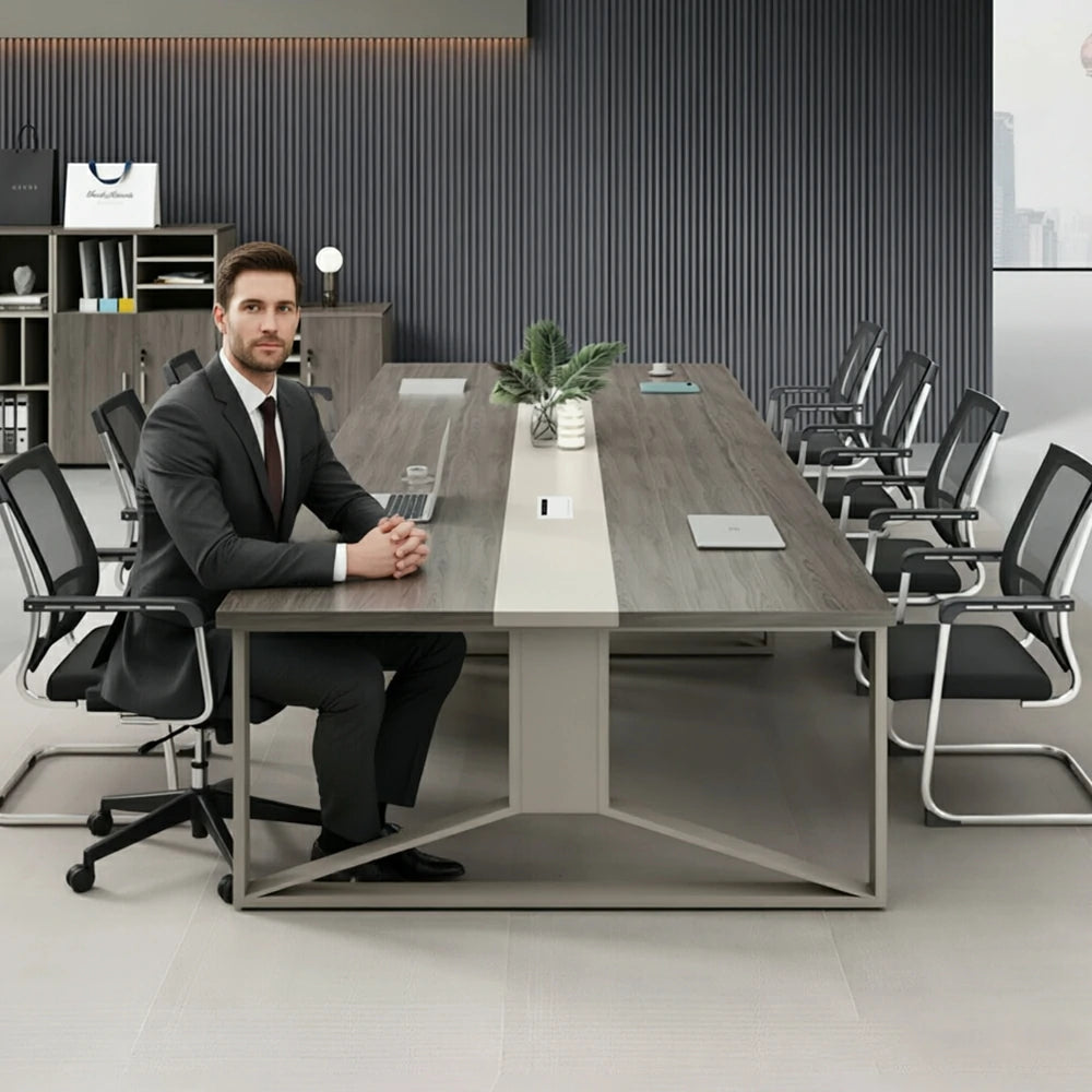 LUXORA 240cm Office Conference Table & 8 Chairs Set with Steel Frame & Cable Management for Meeting Rooms - Grey Wood Grain & Black