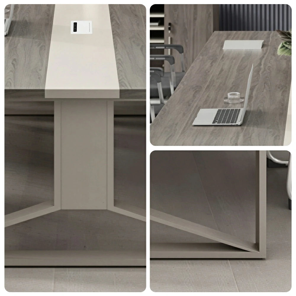 LUXORA 240cm Office Conference Table & 8 Chairs Set with Steel Frame & Cable Management for Meeting Rooms - Grey Wood Grain & Black