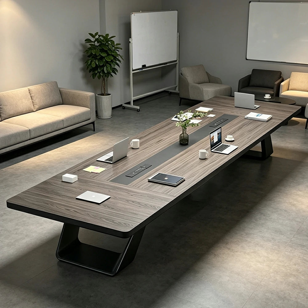 LUXORA 200/240cm Executive Conference Table with U-Shaped Steel Legs & Multimedia Cable Box - Walnut & Black