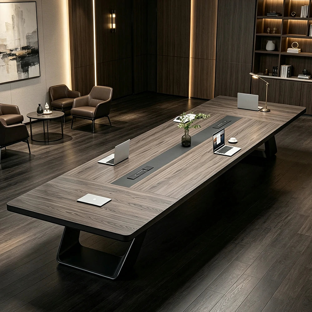 LUXORA 200/240cm Executive Conference Table with U-Shaped Steel Legs & Multimedia Cable Box - Walnut & Black