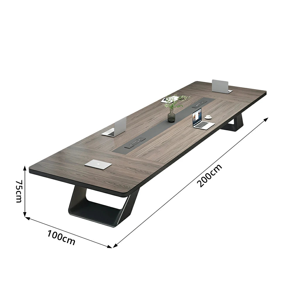 LUXORA 200/240cm Executive Conference Table with U-Shaped Steel Legs & Multimedia Cable Box - Walnut & Black
