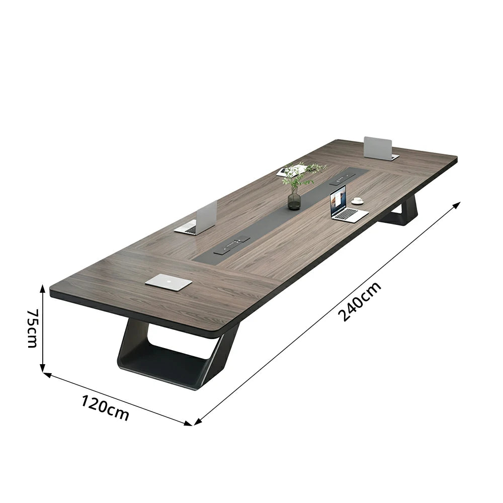LUXORA 200/240cm Executive Conference Table with U-Shaped Steel Legs & Multimedia Cable Box - Walnut & Black