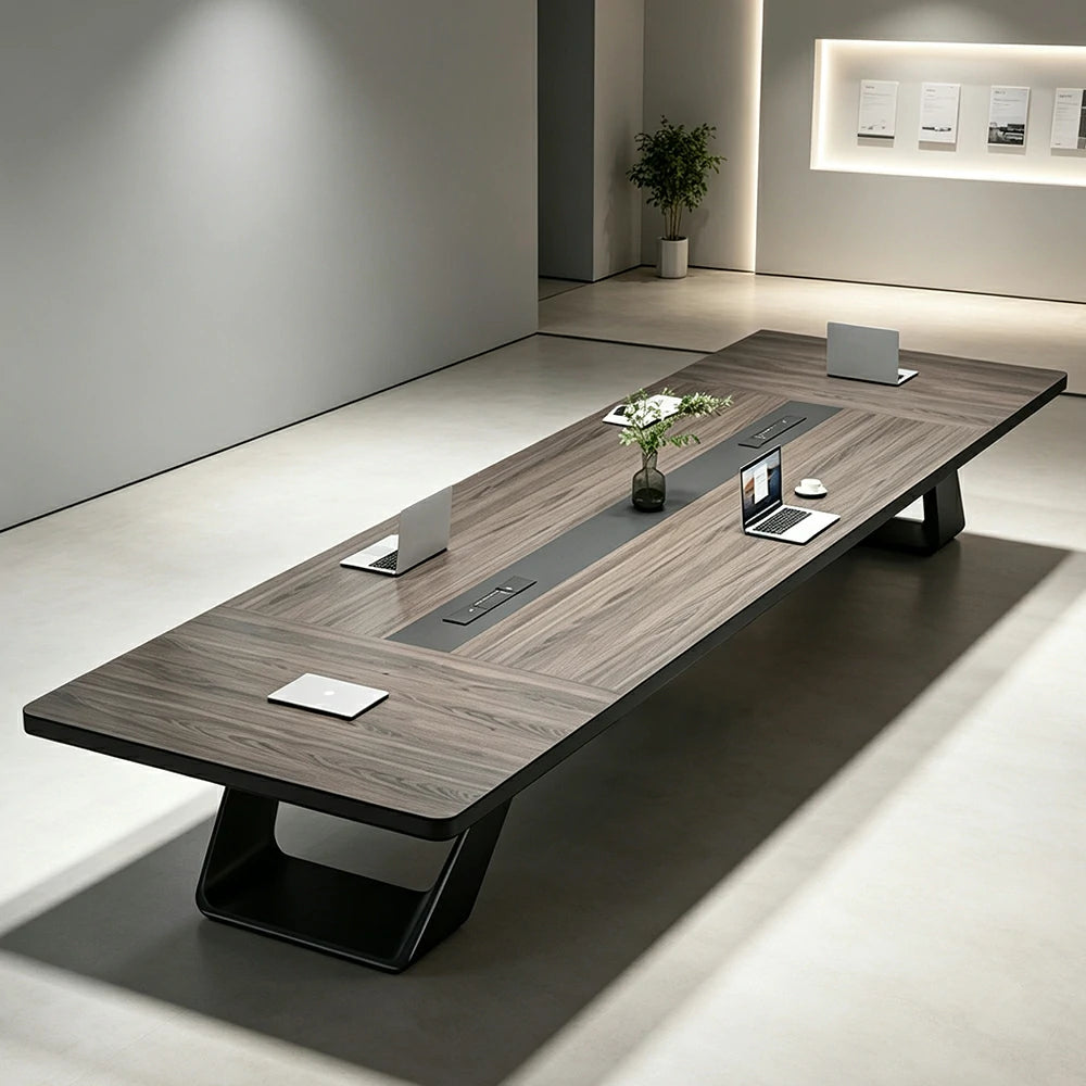 LUXORA 200/240cm Executive Conference Table with U-Shaped Steel Legs & Multimedia Cable Box - Walnut & Black