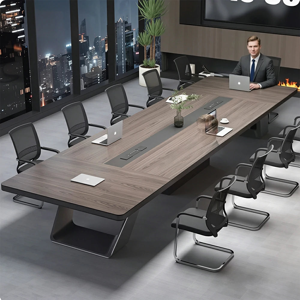 LUXORA 200/240cm Executive Conference Table with U-Shaped Steel Legs & Multimedia Cable Box - Walnut & Black