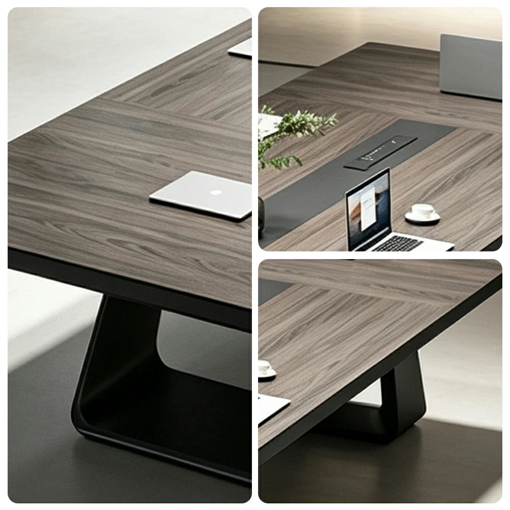 LUXORA 200/240cm Executive Conference Table with U-Shaped Steel Legs & Multimedia Cable Box - Walnut & Black