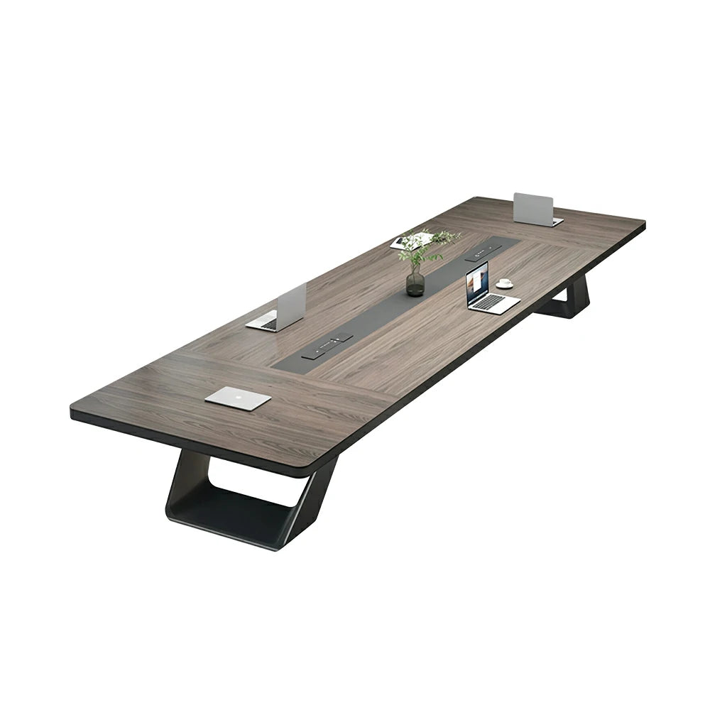 LUXORA 200/240cm Executive Conference Table with U-Shaped Steel Legs & Multimedia Cable Box - Walnut & Black
