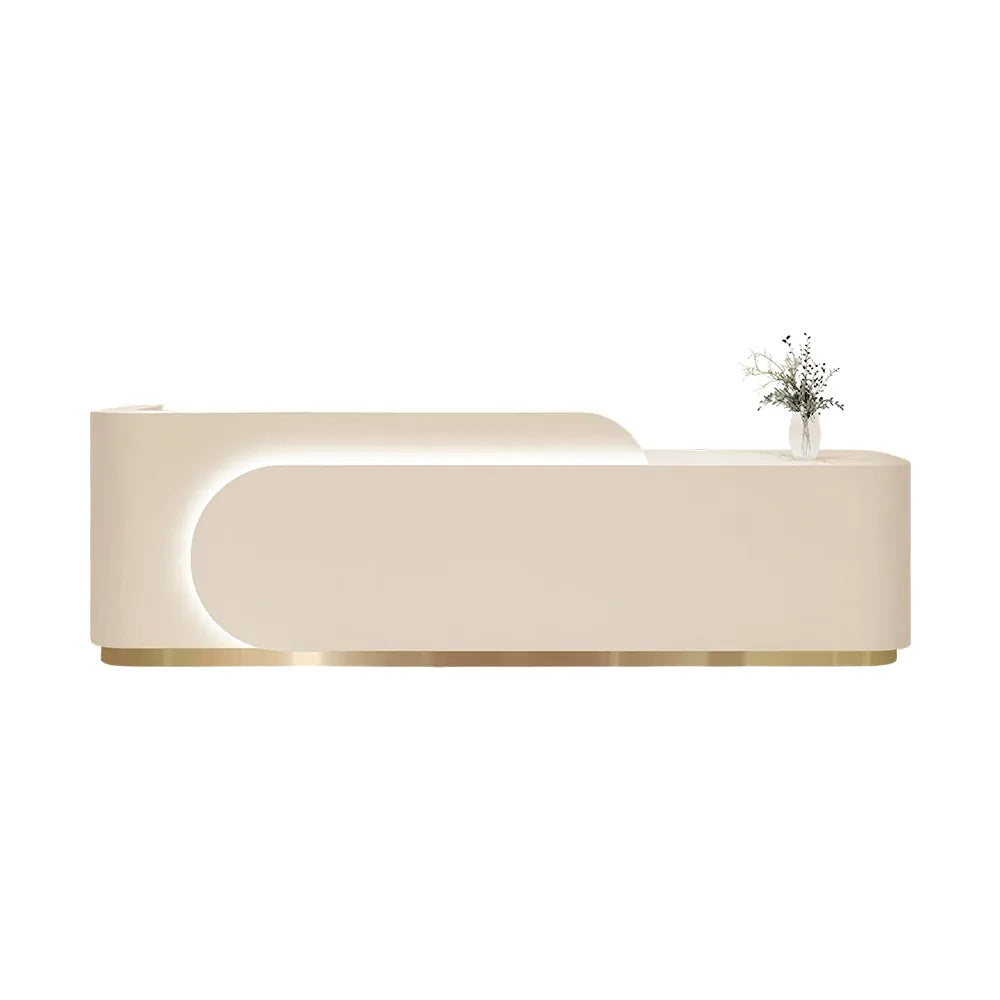 LUXORA 120/180cm Curved Reception Desk, Light Luxury Counter with Partitioned Storage for Salon & Spa - Beige & Gold Stainless Steel Base