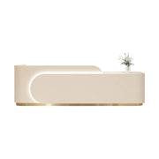 LUXORA 120/180cm Curved Reception Desk, Light Luxury Counter with Partitioned Storage for Salon & Spa - Beige & Gold Stainless Steel Base