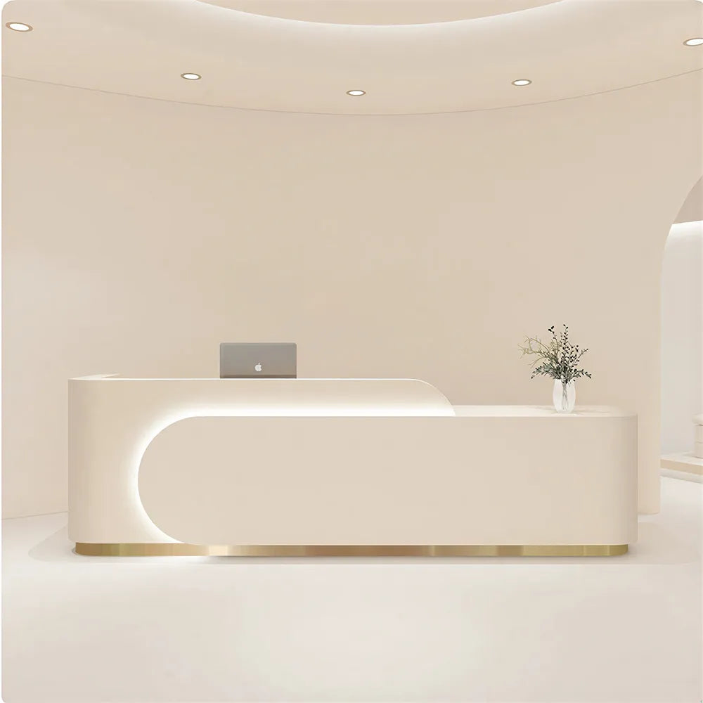 LUXORA 120/180cm Curved Reception Desk, Light Luxury Counter with Partitioned Storage for Salon & Spa - Beige & Gold Stainless Steel Base