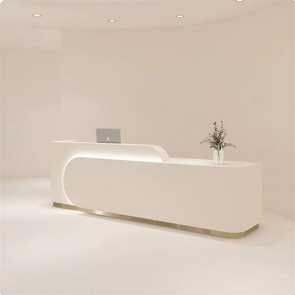 LUXORA 120/180cm Curved Reception Desk, Light Luxury Counter with Partitioned Storage for Salon & Spa - Beige & Gold Stainless Steel Base