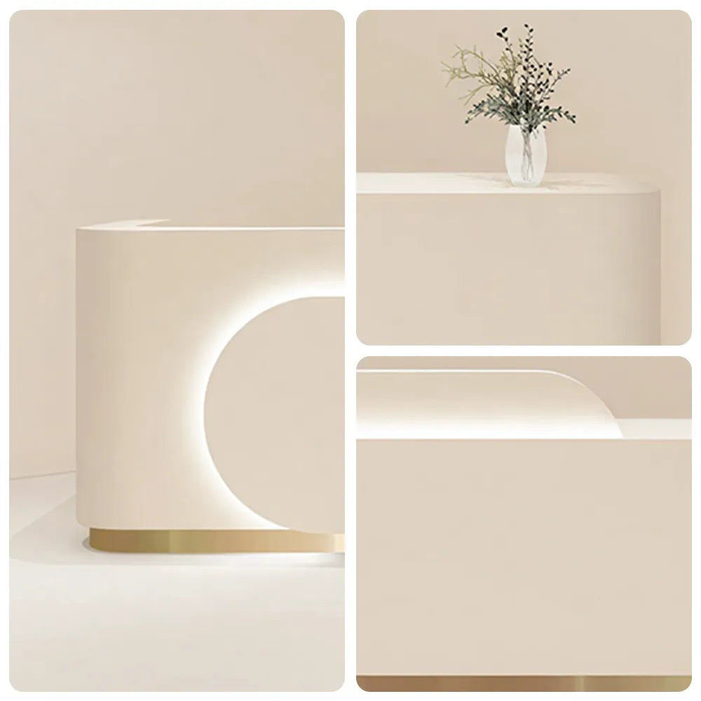 LUXORA 120/180cm Curved Reception Desk, Light Luxury Counter with Partitioned Storage for Salon & Spa - Beige & Gold Stainless Steel Base