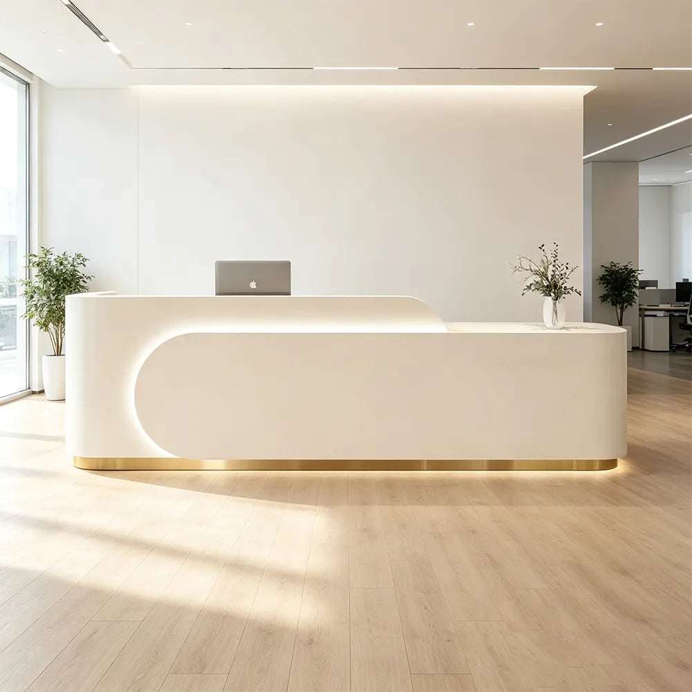 LUXORA 120/180cm Curved Reception Desk, Light Luxury Counter with Partitioned Storage for Salon & Spa - Beige & Gold Stainless Steel Base
