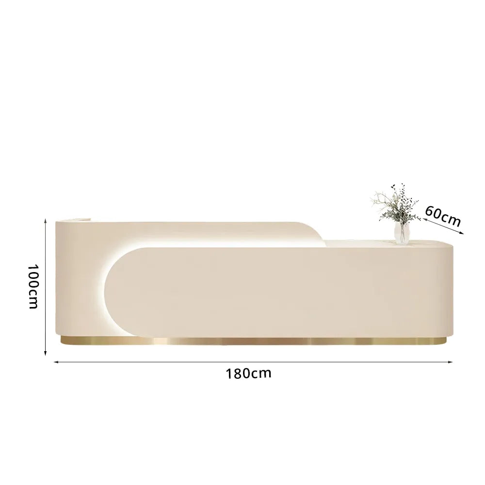 LUXORA 120/180cm Curved Reception Desk, Light Luxury Counter with Partitioned Storage for Salon & Spa - Beige & Gold Stainless Steel Base