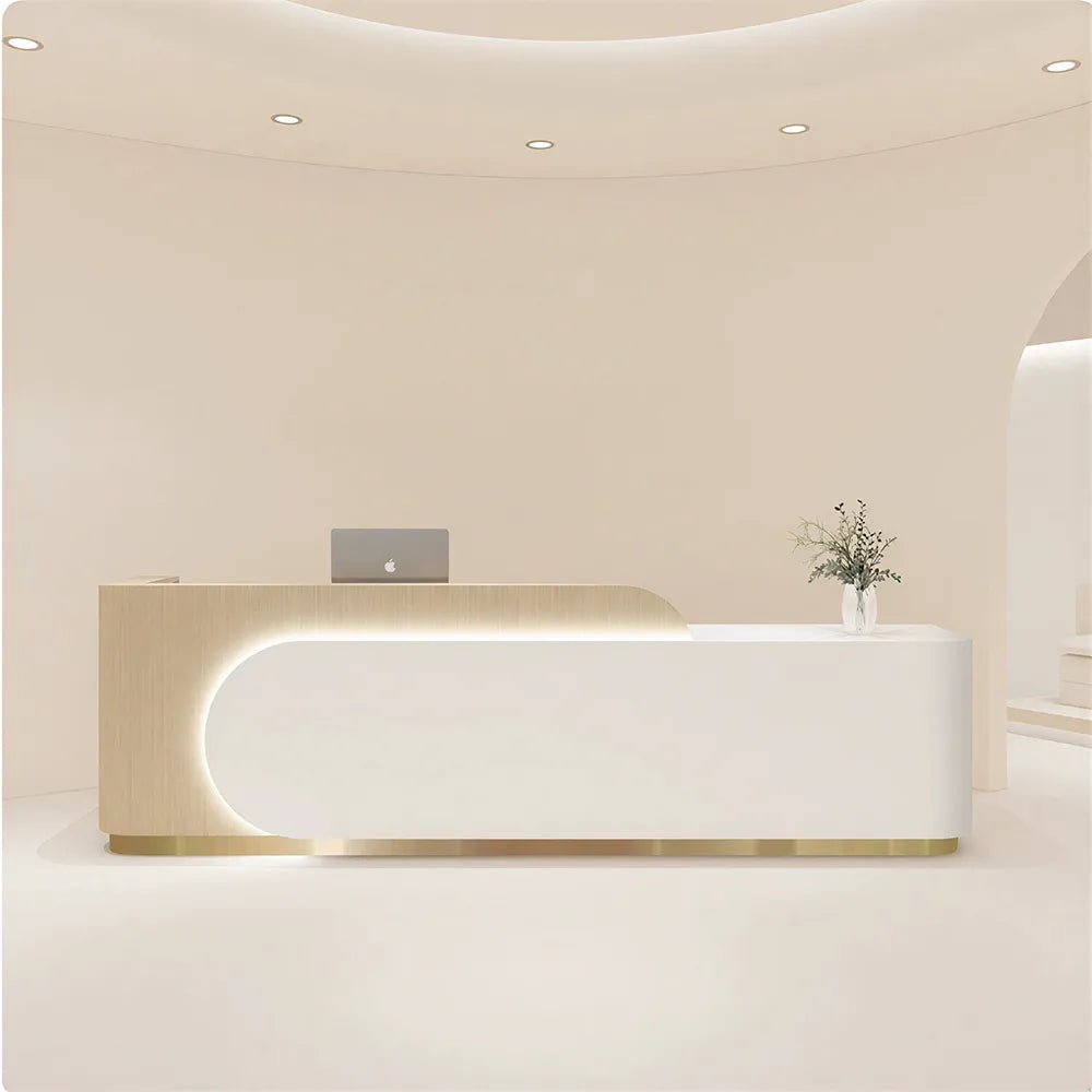 LUXORA 120/180cm Curved Reception Desk, Light Luxury Counter with Partitioned Storage for Salon & Spa - Light Wood & White & Gold Stainless Steel Base