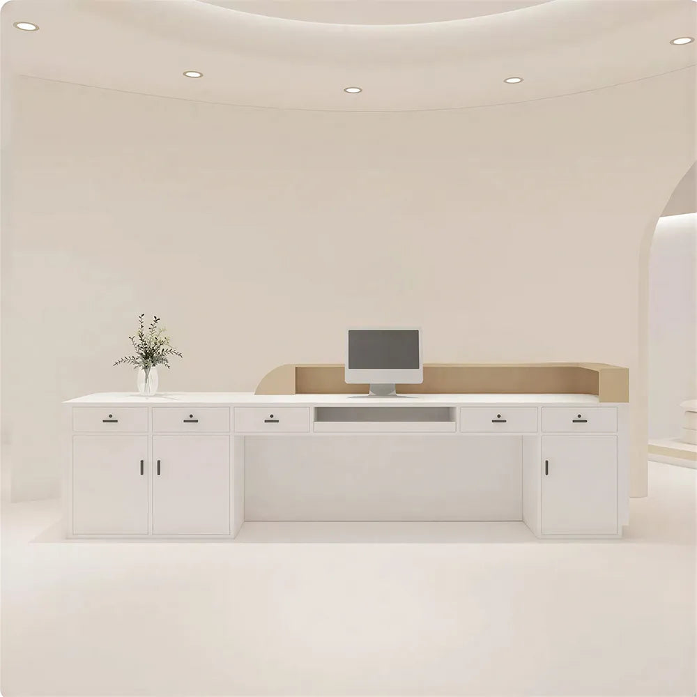 LUXORA 120/180cm Curved Reception Desk, Light Luxury Counter with Partitioned Storage for Salon & Spa - Light Wood & White & Gold Stainless Steel Base