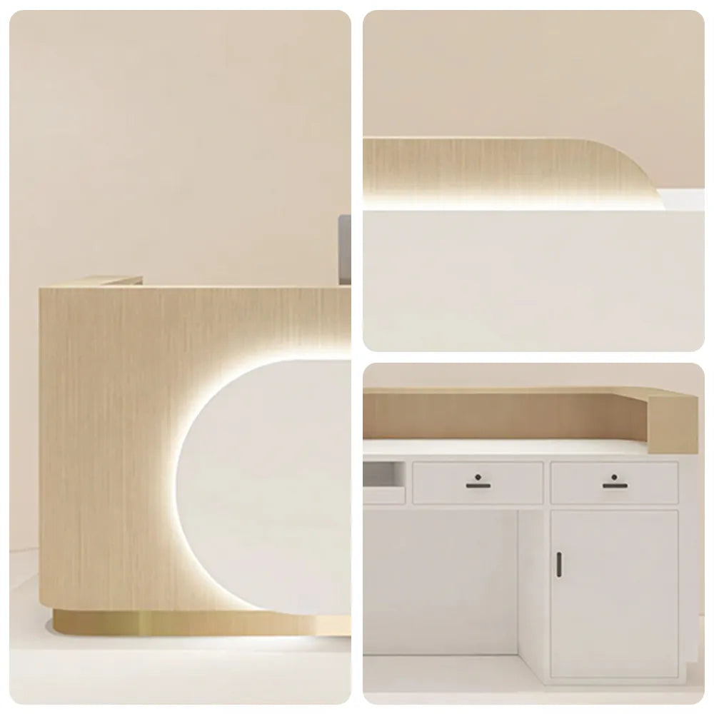 LUXORA 120/180cm Curved Reception Desk, Light Luxury Counter with Partitioned Storage for Salon & Spa - Light Wood & White & Gold Stainless Steel Base