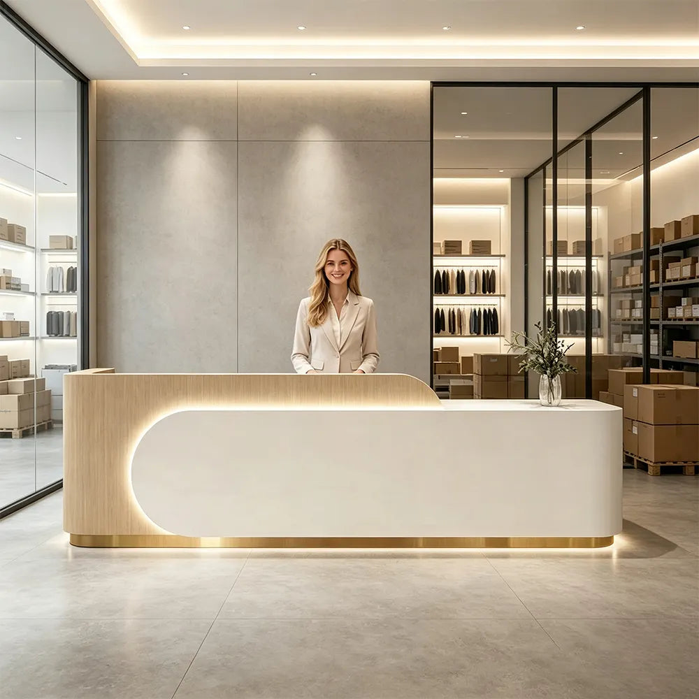 LUXORA 120/180cm Curved Reception Desk, Light Luxury Counter with Partitioned Storage for Salon & Spa - Light Wood & White & Gold Stainless Steel Base