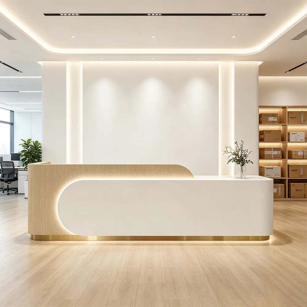 LUXORA 120/180cm Curved Reception Desk, Light Luxury Counter with Partitioned Storage for Salon & Spa - Light Wood & White & Gold Stainless Steel Base