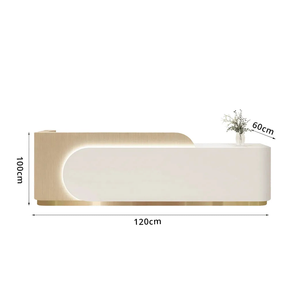LUXORA 120/180cm Curved Reception Desk, Light Luxury Counter with Partitioned Storage for Salon & Spa - Light Wood & White & Gold Stainless Steel Base