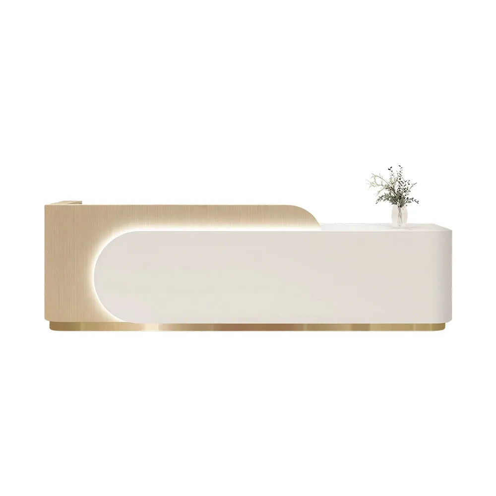LUXORA 120/180cm Curved Reception Desk, Light Luxury Counter with Partitioned Storage for Salon & Spa - Light Wood & White & Gold Stainless Steel Base