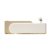 LUXORA 120/180cm Curved Reception Desk, Light Luxury Counter with Partitioned Storage for Salon & Spa - Light Wood & White & Gold Stainless Steel Base