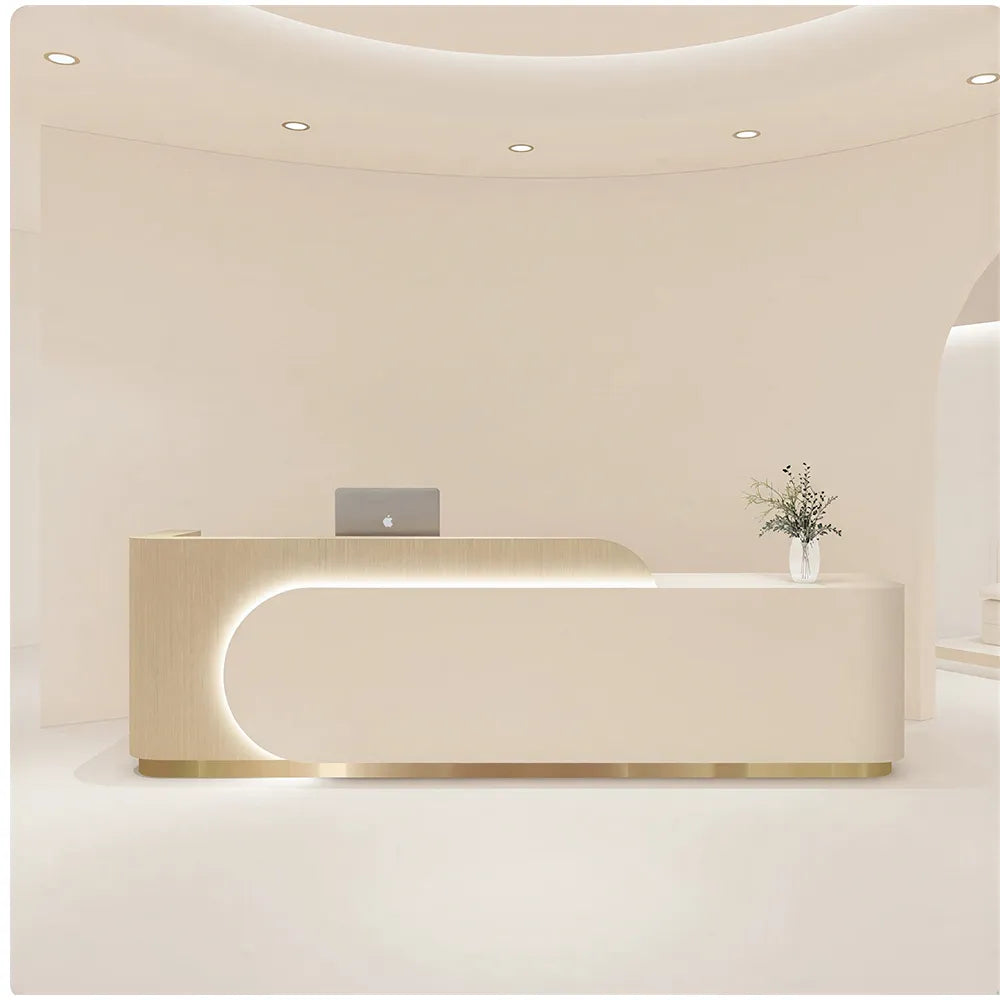 LUXORA 120/180cm Curved Reception Desk, Light Luxury Counter with Partitioned Storage for Salon & Spa - Light Wood & Beige & Stainless Steel Base