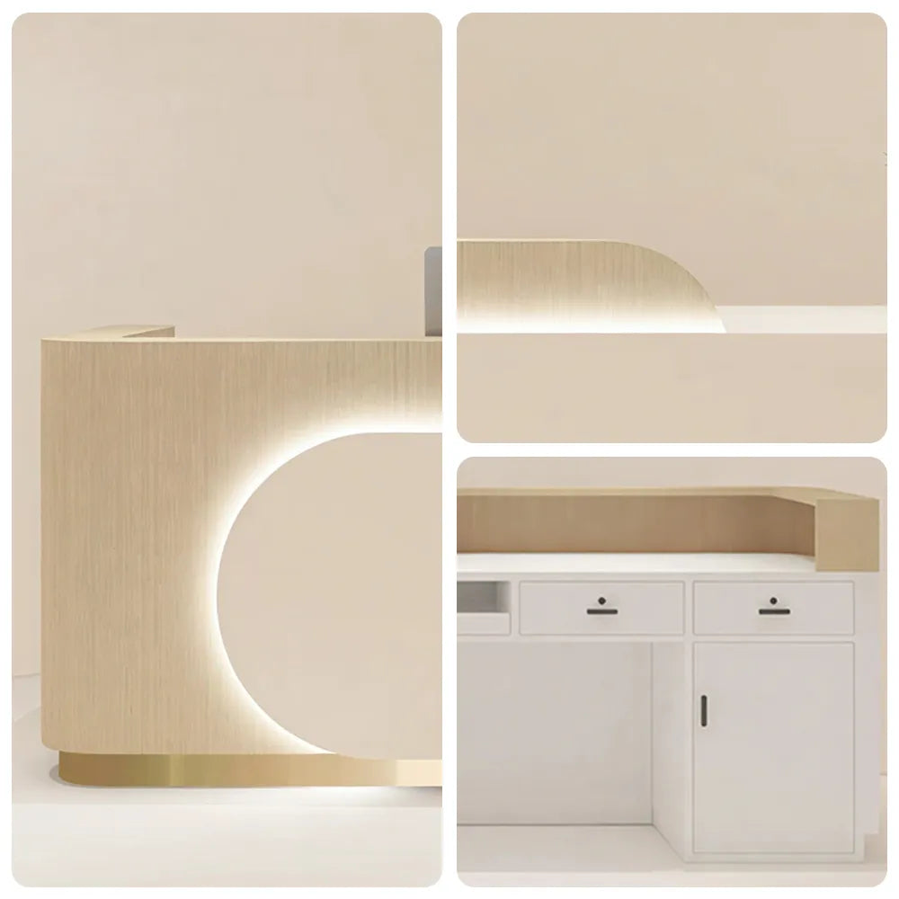 LUXORA 120/180cm Curved Reception Desk, Light Luxury Counter with Partitioned Storage for Salon & Spa - Light Wood & Beige & Stainless Steel Base