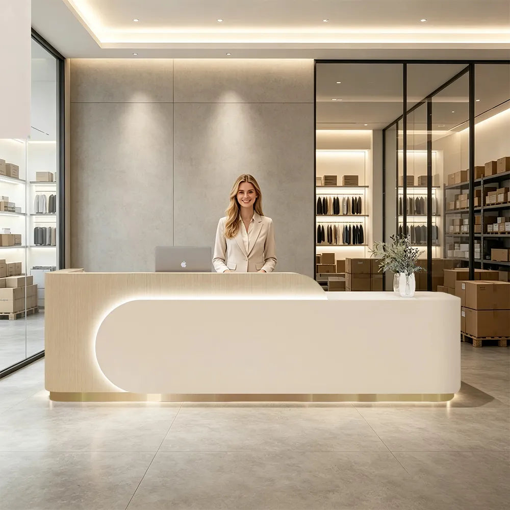 LUXORA 120/180cm Curved Reception Desk, Light Luxury Counter with Partitioned Storage for Salon & Spa - Light Wood & Beige & Stainless Steel Base