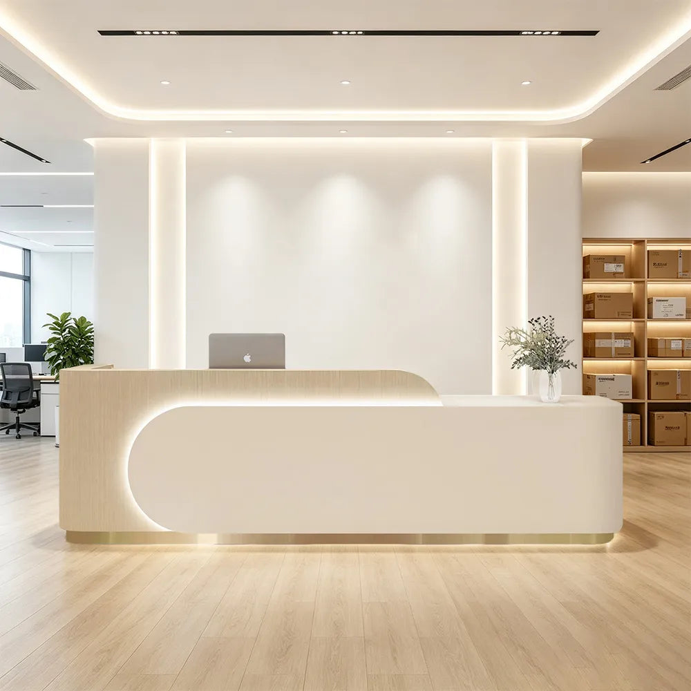 LUXORA 120/180cm Curved Reception Desk, Light Luxury Counter with Partitioned Storage for Salon & Spa - Light Wood & Beige & Stainless Steel Base