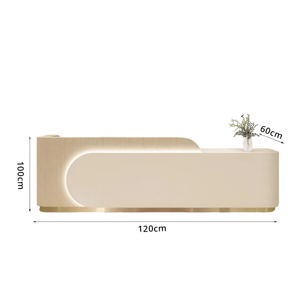 LUXORA 120/180cm Curved Reception Desk, Light Luxury Counter with Partitioned Storage for Salon & Spa - Light Wood & Beige & Stainless Steel Base