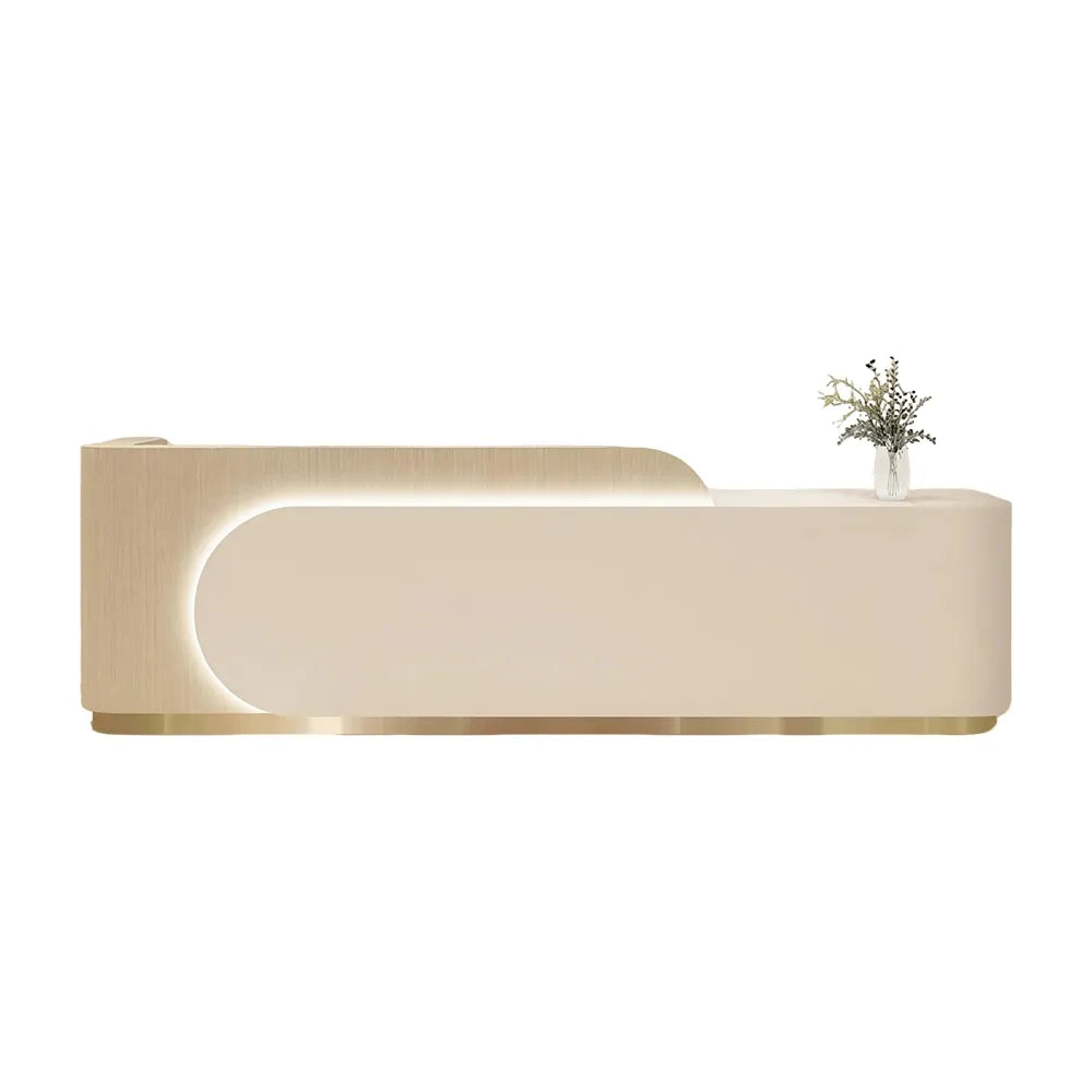 LUXORA 120/180cm Curved Reception Desk, Light Luxury Counter with Partitioned Storage for Salon & Spa - Light Wood & Beige & Stainless Steel Base