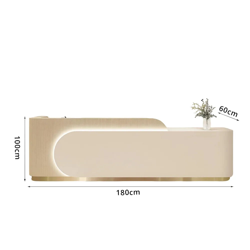 LUXORA 120/180cm Curved Reception Desk, Light Luxury Counter with Partitioned Storage for Salon & Spa - Light Wood & Beige & Stainless Steel Base