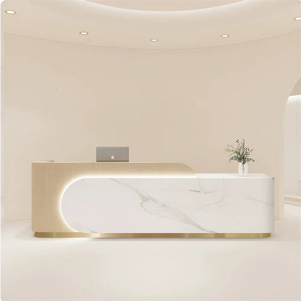 LUXORA 120/180cm Curved Reception Desk, Light Luxury Counter with Partitioned Storage for Salon & Spa - Light Wood & White & Stainless Steel Base