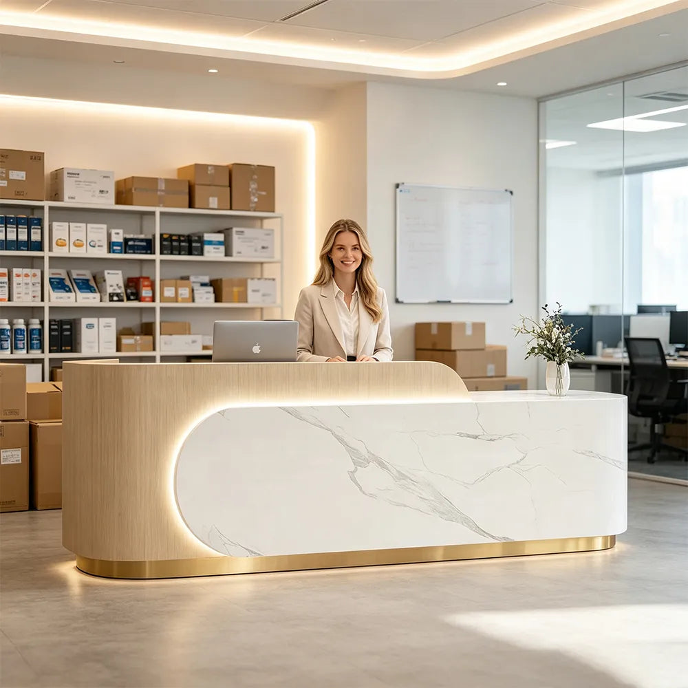 LUXORA 120/180cm Curved Reception Desk, Light Luxury Counter with Partitioned Storage for Salon & Spa - Light Wood & White & Stainless Steel Base