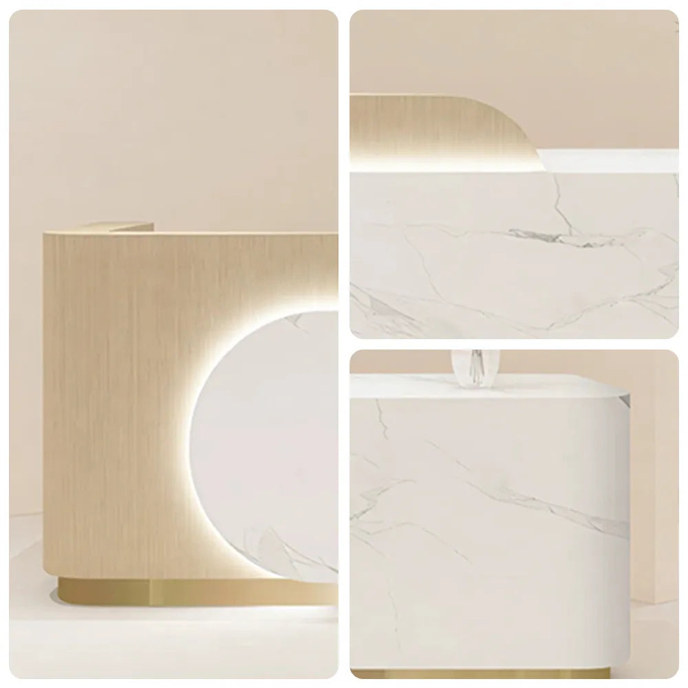 LUXORA 120/180cm Curved Reception Desk, Light Luxury Counter with Partitioned Storage for Salon & Spa - Light Wood & White & Stainless Steel Base