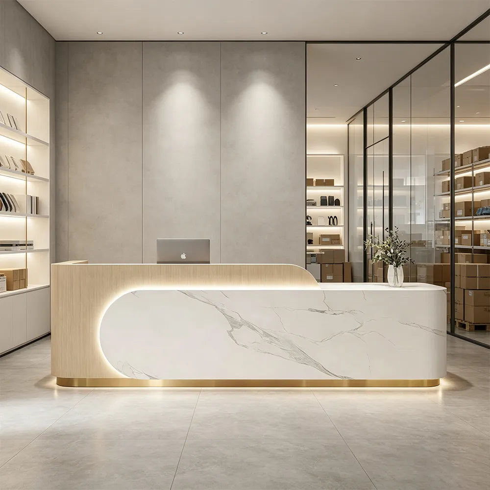 LUXORA 120/180cm Curved Reception Desk, Light Luxury Counter with Partitioned Storage for Salon & Spa - Light Wood & White & Stainless Steel Base