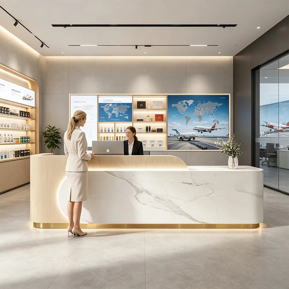 LUXORA 120/180cm Curved Reception Desk, Light Luxury Counter with Partitioned Storage for Salon & Spa - Light Wood & White & Stainless Steel Base