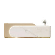 LUXORA 120/180cm Curved Reception Desk, Light Luxury Counter with Partitioned Storage for Salon & Spa - Light Wood & White & Stainless Steel Base