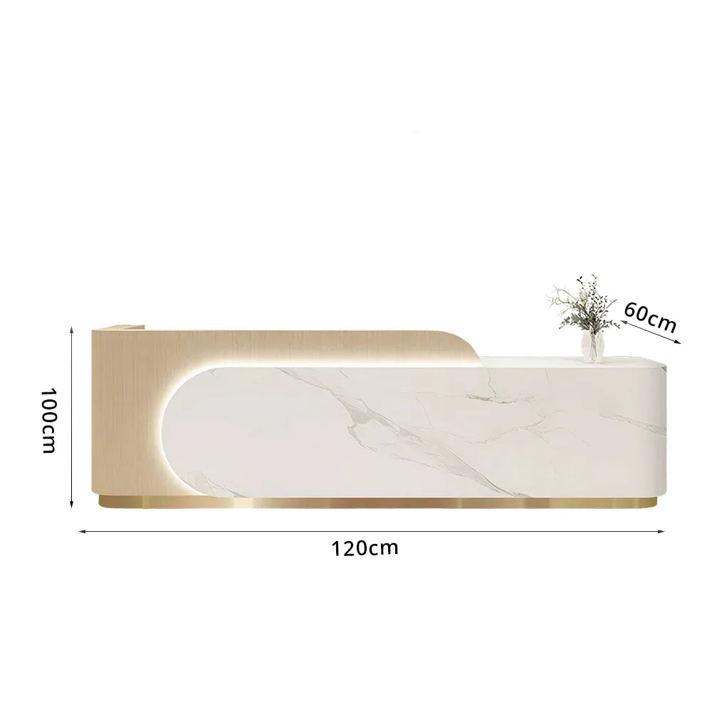 LUXORA 120/180cm Curved Reception Desk, Light Luxury Counter with Partitioned Storage for Salon & Spa - Light Wood & White & Stainless Steel Base