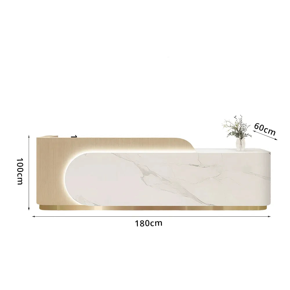 LUXORA 120/180cm Curved Reception Desk, Light Luxury Counter with Partitioned Storage for Salon & Spa - Light Wood & White & Stainless Steel Base