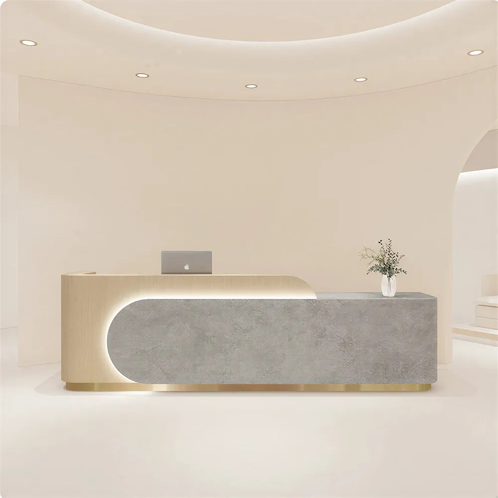 LUXORA 120/180cm Curved Reception Desk, Light Luxury Counter with Partitioned Storage for Salon & Spa - Light Wood & Grey & Stainless Steel Base