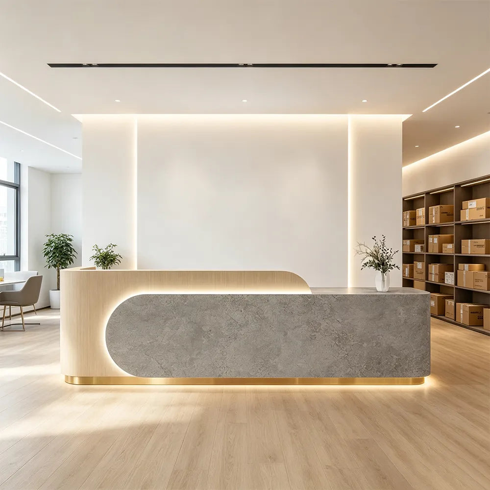 LUXORA 120/180cm Curved Reception Desk, Light Luxury Counter with Partitioned Storage for Salon & Spa - Light Wood & Grey & Stainless Steel Base