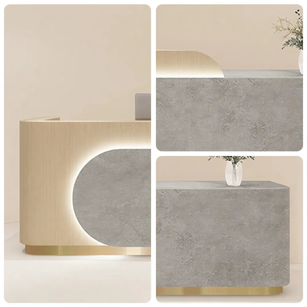LUXORA 120/180cm Curved Reception Desk, Light Luxury Counter with Partitioned Storage for Salon & Spa - Light Wood & Grey & Stainless Steel Base