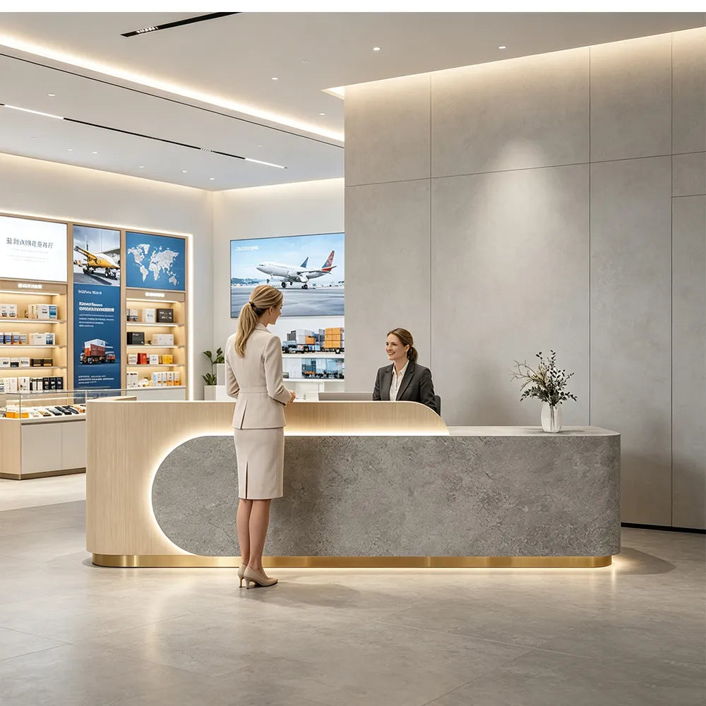 LUXORA 120/180cm Curved Reception Desk, Light Luxury Counter with Partitioned Storage for Salon & Spa - Light Wood & Grey & Stainless Steel Base