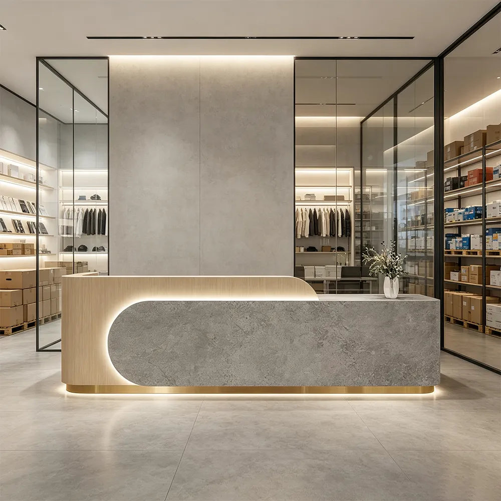 LUXORA 120/180cm Curved Reception Desk, Light Luxury Counter with Partitioned Storage for Salon & Spa - Light Wood & Grey & Stainless Steel Base