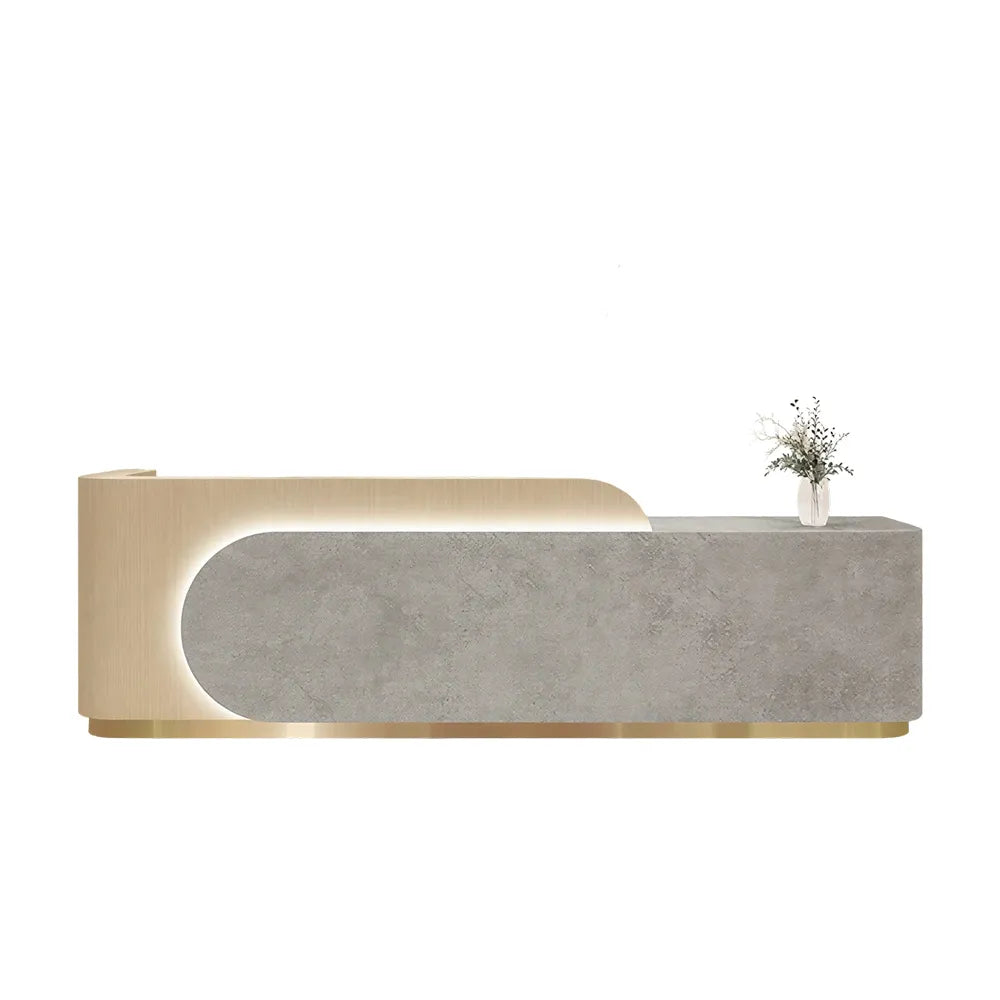 LUXORA 120/180cm Curved Reception Desk, Light Luxury Counter with Partitioned Storage for Salon & Spa - Light Wood & Grey & Stainless Steel Base