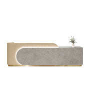 LUXORA 120/180cm Curved Reception Desk, Light Luxury Counter with Partitioned Storage for Salon & Spa - Light Wood & Grey & Stainless Steel Base